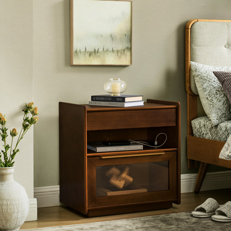 Armoire latérale pour dortoir avec station de charge et 2 tiroirs, couleur noyer, table de chevet moderne et imperméable grain du bois élégant, profondeur 23,51 po