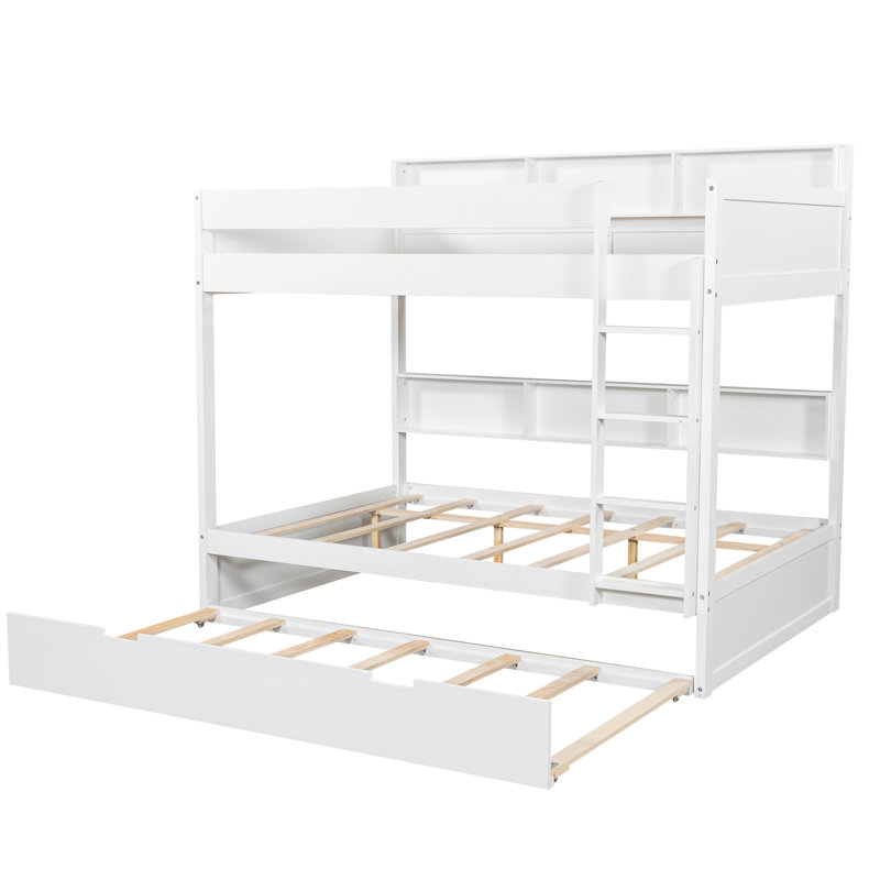 Lit superposé avec lit gigogne escamotable et tablettes de rangement intégrées, Double sur double, Blanc