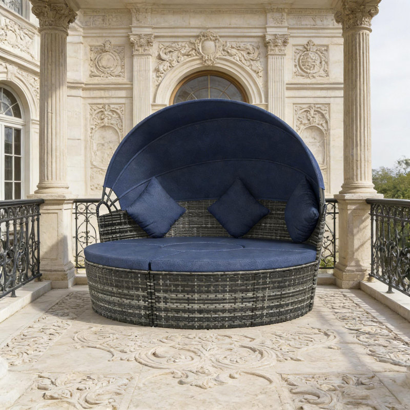 Patio Sectional Furniture Set,Outdoor Conversation Set,4 Piece Round Rattan Daybed, Dark Blue