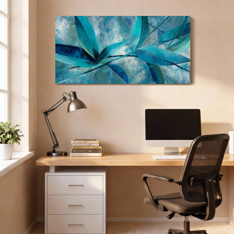 Ensemble de 1 tableau abstrait à motif de feuilles bleues sur toile tendue, H 12 po x l 36 po