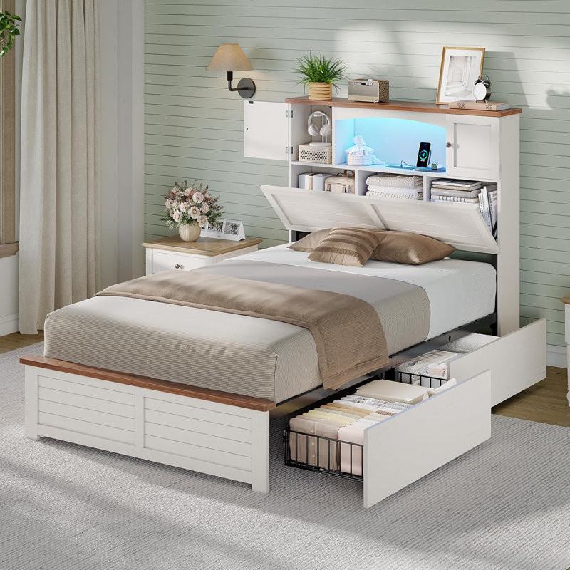 Cadre de lit de rangement simple Farmhouse avec tête de lit bibliothèque, lumières DEL, station de charge et 4 tiroirs, lit plateforme en bois, blanc