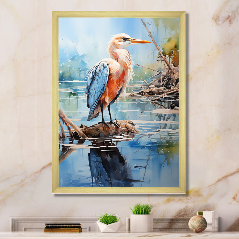 Danaher Seagull Reflections on Water Pointillism - impression, Encadrement doré, H 44 po x l 34 po x P 1,5 po