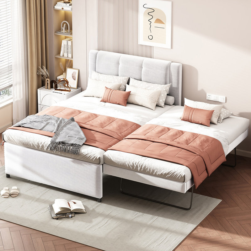 Lit plateforme tapissier avec lit gigogne, gris
