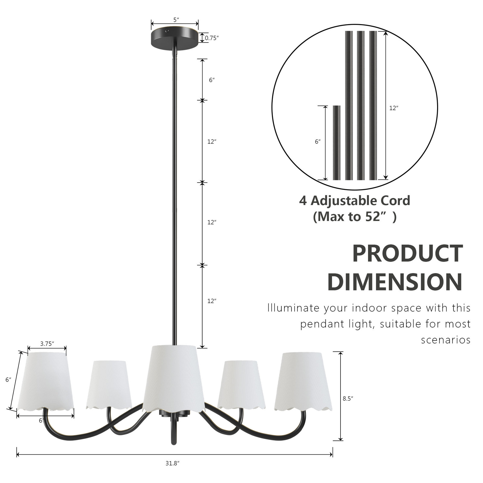 Wrought Iron 5-Light Chandelier, Matte Black, White