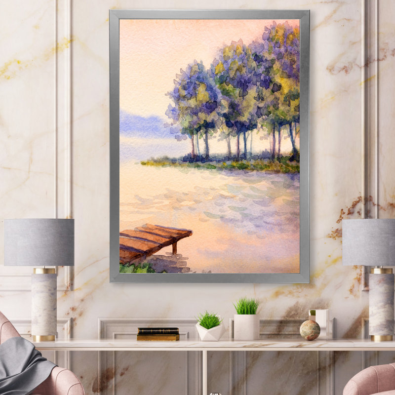 «Colorful Sunset Trees over the Lake», reproduction sur toile, H 32 po x l 16 po, Toile argentée avec cadre d'angle fermé