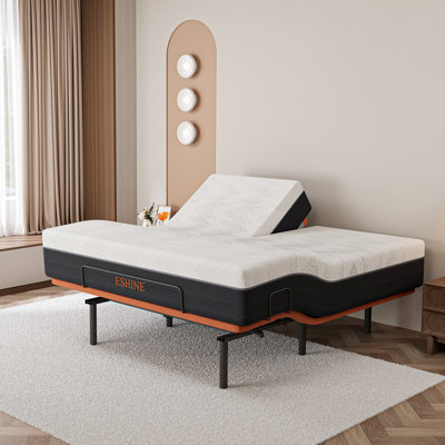 Split Top King Adjustable Bed Frame With 14'' Medium Plush Memory Foam Mattress, USB & Type C Ports, Massaging, Wireless Remote, E3000 Sunset Orange