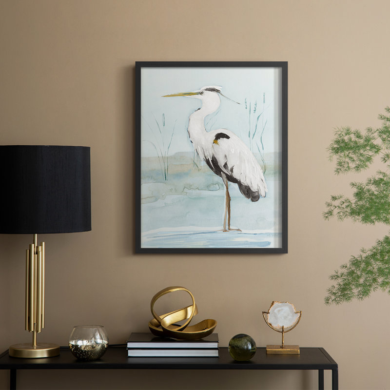 Heron on Blue II, reproduction encadrée - bois massif, 11" H x 9" W, Noir, noir, noir, noir