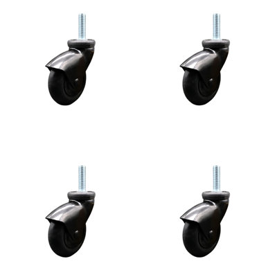 3 Inch Black Hooded Neoprene Rubber 3/8 Inch Threaded Stem Casters Set 4 SCC
