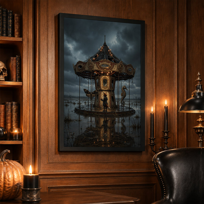«Fox at Ornate Carousel In Flooded Field In Dark», art mural sur toile, H 24 po x l 16 po