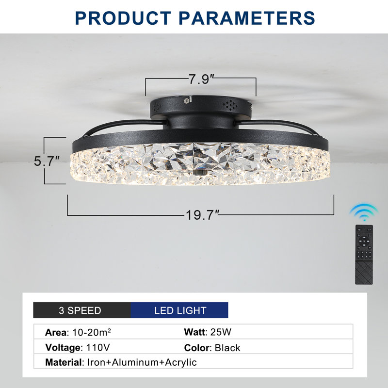 Ventilateur de plafond 19,7 po avec lumières DEL à intensité variable, Noir mat