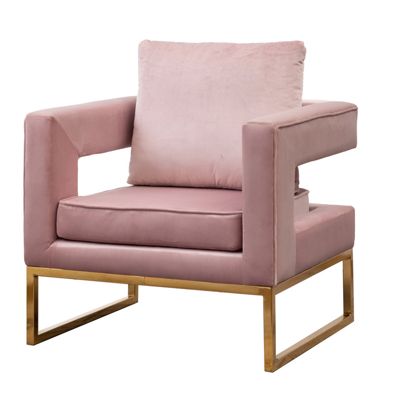 Élégante chaise d'appoint rembourrée en rose avec des carrés découpés et une structure en métal rose, Rose