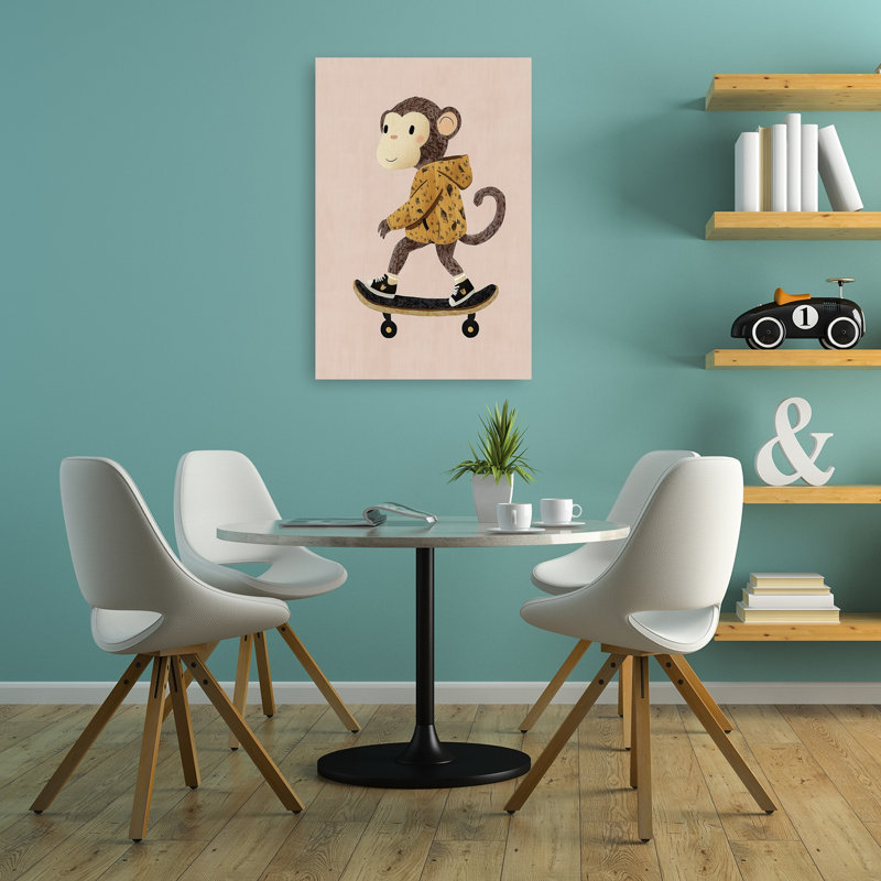 Cute Monkey Skater Playful Contemporary Monkey Wall Art Print by Mathieu - Wrapped Canvas Print, 91.44cm H x 60.96cm W