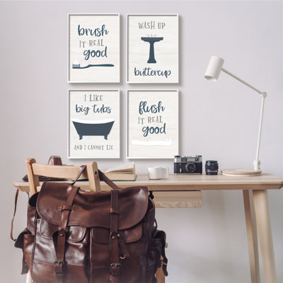 Bathroom Rules Humor Good Hygiene Puns Blue Grey 4pc White Framed Giclee Texturized Art Set by Natalie Carpentieri