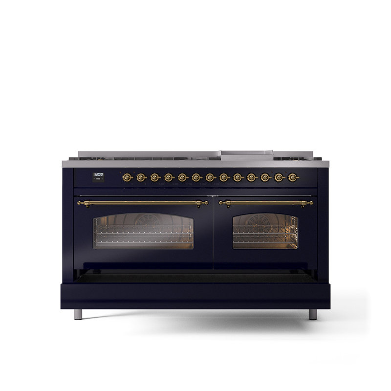 ILVE Nostalgie II 60 Dual Fuel Range, 9 Burners, Griddle, Natural Gas, Midnight Blue/Brass