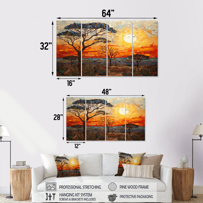 Savannah Sunset in African Safari Hues I - Boho Mosaic, art mural 4 pièces, H 28 po x l 48 po