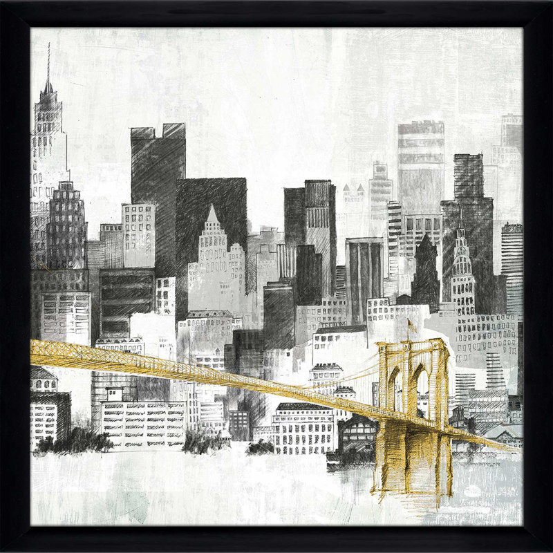 New York, horizon I, pont jaune II - peinture, H 37,5 po x l 37,5 po x P 1 po, Cadre noir