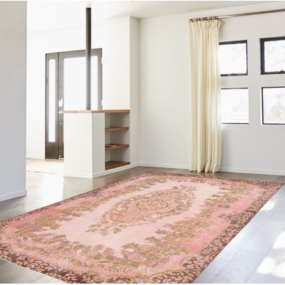 Tapis rose en laine noué à la main de conception unique 5 pi 11 po x 9 pi 11 po années 2000 Oberly