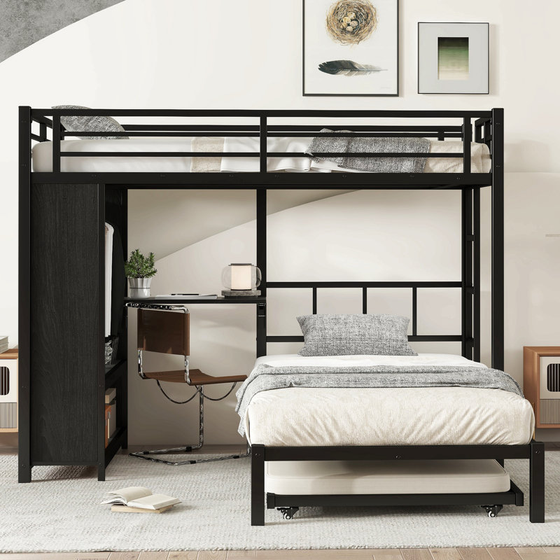 Lit superposé avec garde-robe intégré, lit superposé en métal avec lit gigogne, bureau pliable, échelles, Lit simple