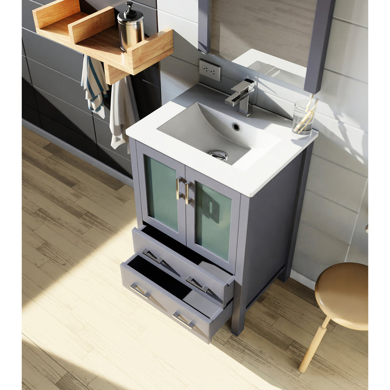 24 po Meuble-lavabo large gris foncé avec comptoir en céramique blanc, robinet, miroir 22 - surface de teinture l pour la salle de bain, robinet inclus
