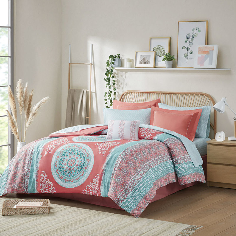 Grand édredon avec draps - médaillon corail, 1 coussin décoratif, imprimé médaillon de literie lavable à la machine en corail, 2 taies d'oreiller,