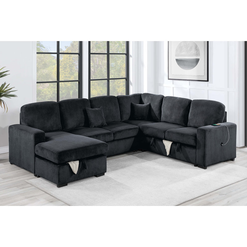 Canapé d'angle convertible 4 pièces, 147 cm L x 86 cm P x 91 cm H, velours côtelé, 4 pièces, canapé d'angle en L, noir, lit gigogne, rangement et port USB