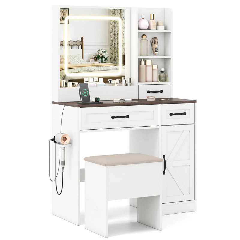 Coiffeuse avec miroir et prises de courant avec éclairage 3 couleurs