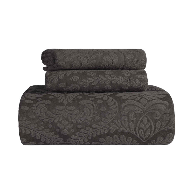 Aspen Floral Scalloped Edge Cotton Blend Coverlet / Bedspread with Sham Set, King, Charcoal