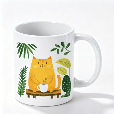 1pc Cute Orange Cat Sitting on Table with Tropical Leaves And Design Ceramic Coffee Mug Coffee Cup Christmas Gift Holiday.