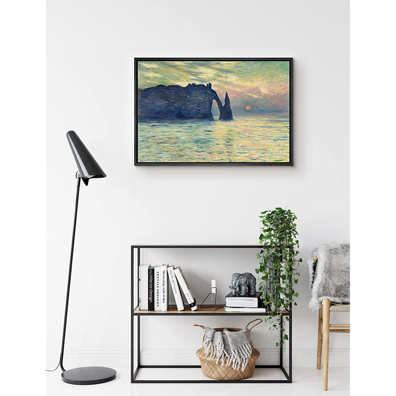 Claude Monet, la falaise, Étretat, coucher de soleil - Peinture sur toile, L 24 po x H 36 po, Noir