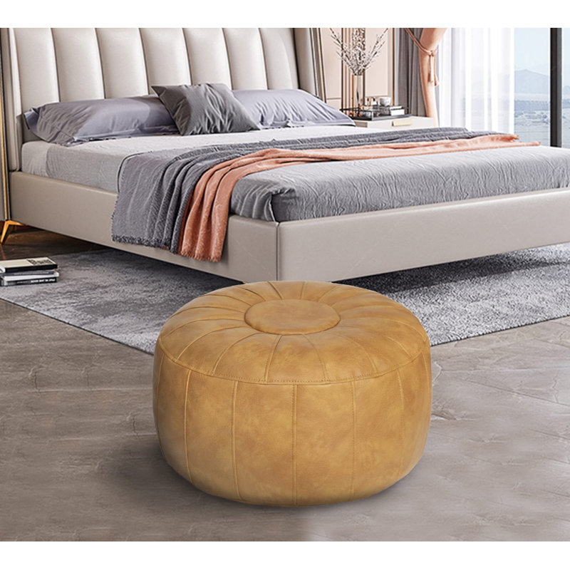 Limbrey 21.7" Wide Leather Match Round Striped Pouf Ottoman(Unstuffed), Yellow Leather Match