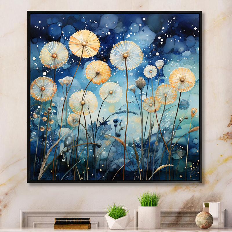 Pissenlit bleu pointillisme II - impression, H 16 po x l 16 po x P 1 po, Cadre flottant noir