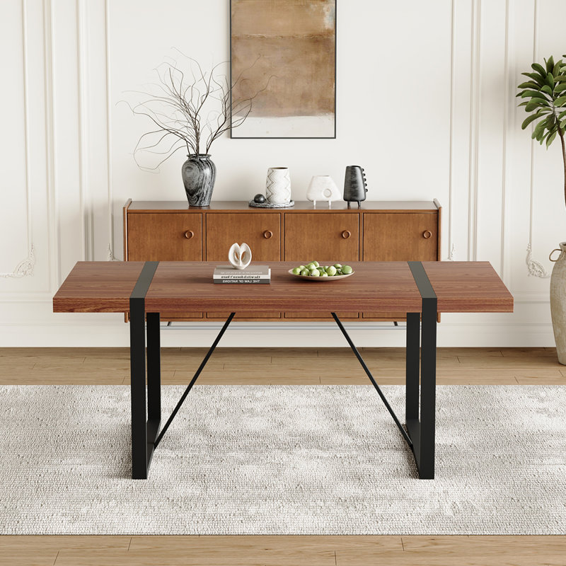 Table de salle à manger en bois, table rectangulaire de 71 po avec structure en métal et finition brun rustique, Bois brun