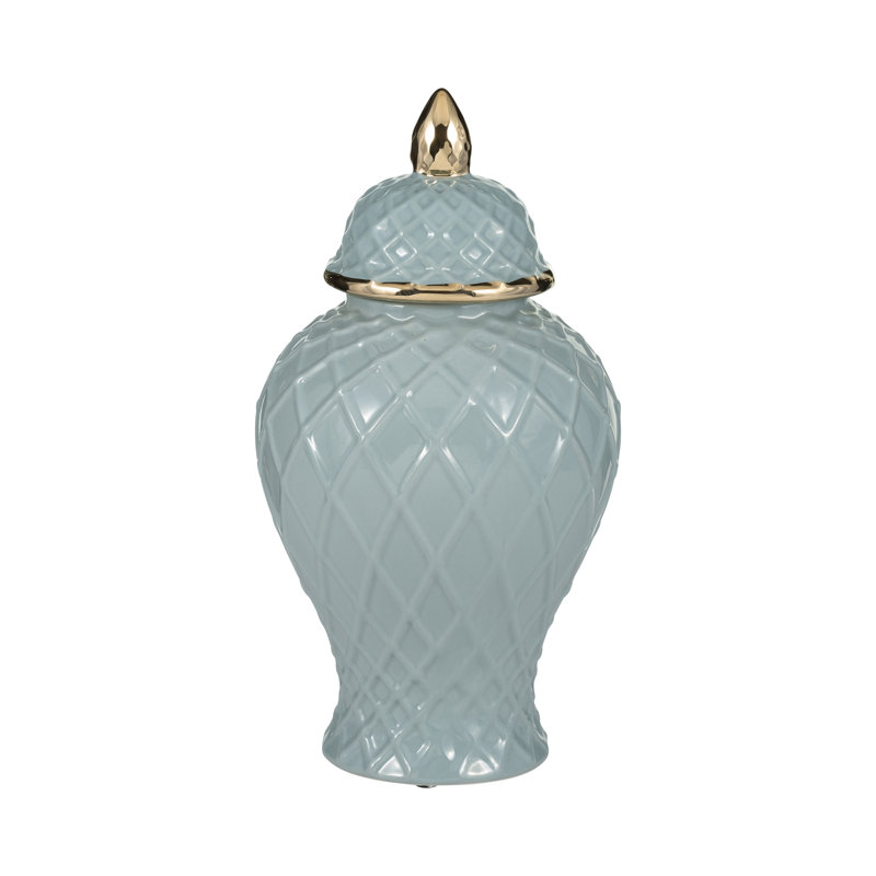 Pot décoratif en céramique avec couvercle Ellport, Bleu / doré, H 14 po x l 7 po x P 7 po