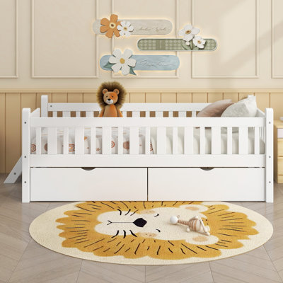 Wood Twin Size Platform Bed With Guardrail And 2 Drawers, White by Harriet Bee