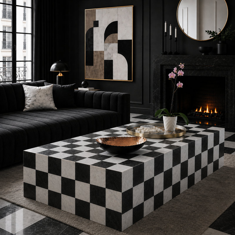Table basse en marbre véritable noir Nero / marbre Carrara