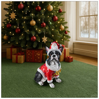 Statue de Noël bouledogue français de Noël, figurine de chien des Fêtes en tenue de père Noël