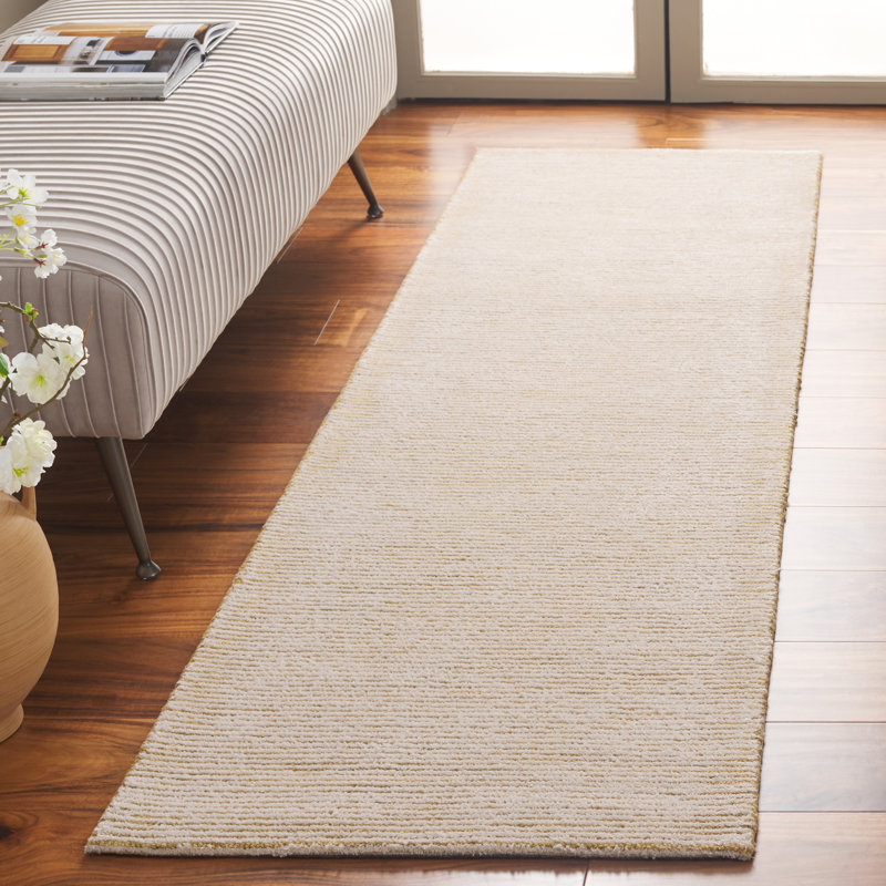Tapis ivoire / doré en laine / viscose / coton touffeté à la main Diether, Tapis de couloir 2 pi 3 po x 8 pi