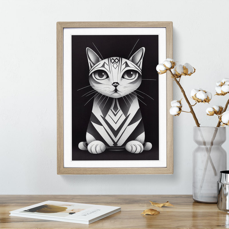 Striped Cat Abstract - Single Picture Frame Print, 46cm H x 34cm W x 2cm D, Oak