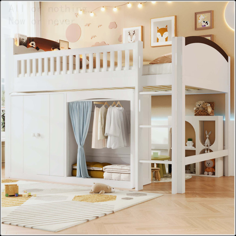 Lit mezzanine avec armoire de rangement, garde-robe et lumières DEL, Lit simple, Blanc