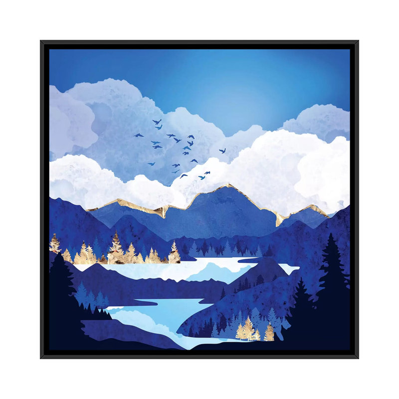 «Blue Lake», reproduction d'impression, 26" H x 26" W x 1.5" D, Pas de tapis, Toile avec cadre noir