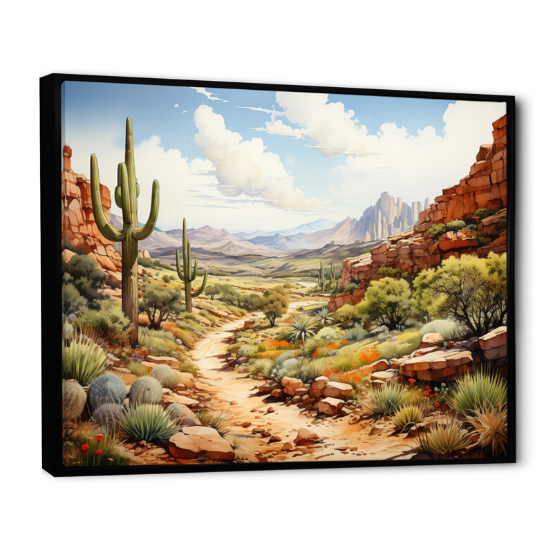 «Mexico Cactus Oasis Impasto II», art mural sur toile, Cadre flottant noir, 30" H x 40" W