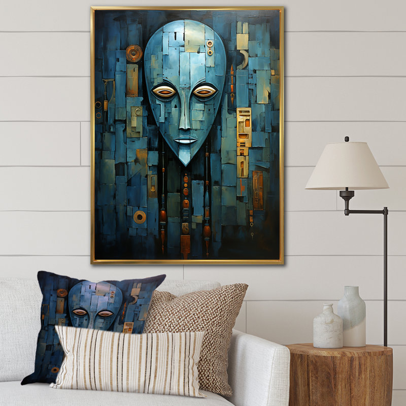 Blue Serenity African Mask - Masque africain, art mural, Cadre flottant doré, H 32 po x l 24 po
