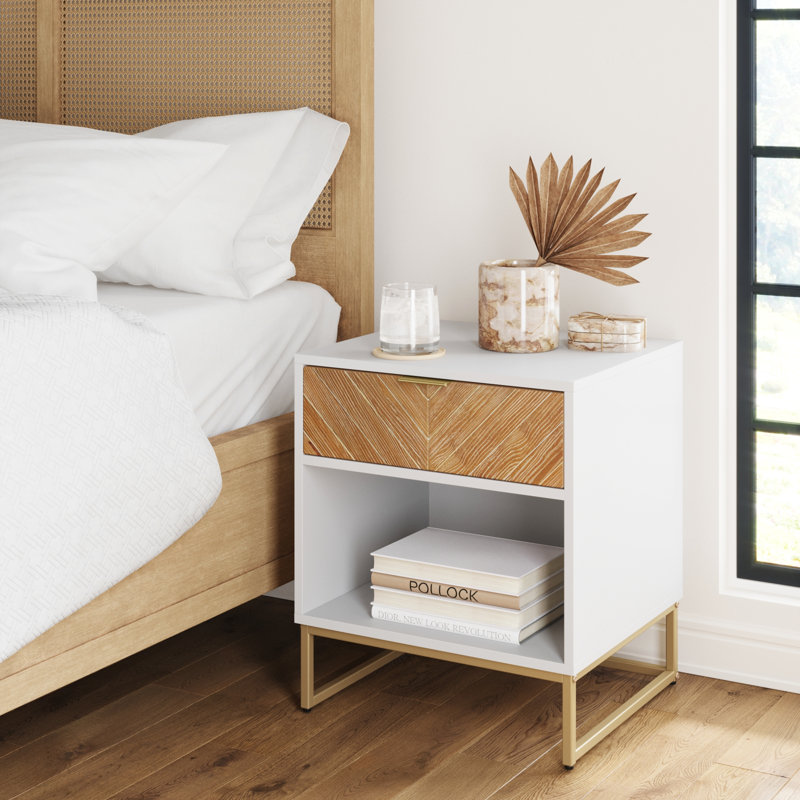 Wood Herringbone Nighstand with Drawer , Gold/White