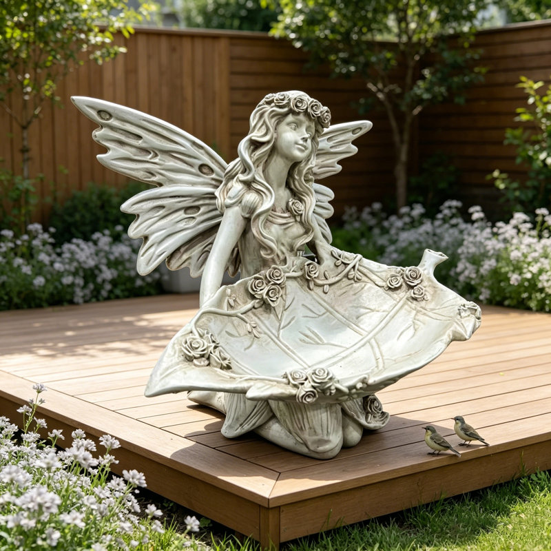 Large statue d'ange en résine avec plateau à feuilles, sculptures de jardin
