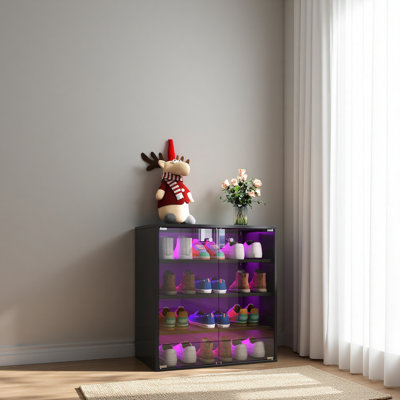 Boîte à chaussures avec lumière DEL RVB, boîte de rangement de chaussures empilable en bois avec porte en verre, boîte de rangement pour chaussures pour chaussures de sport (4 étages-1)