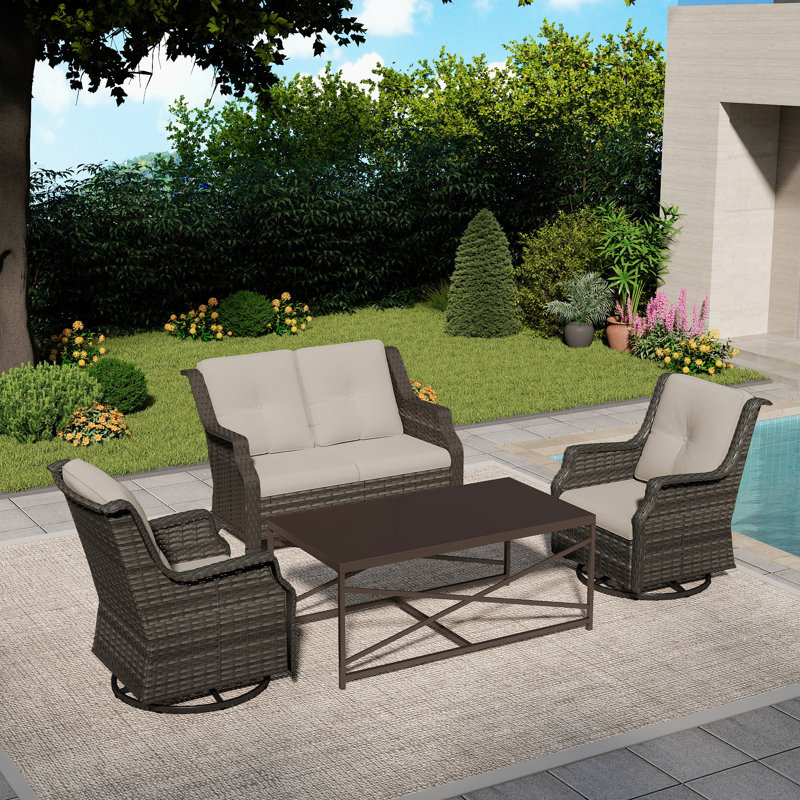 4-Person PE Wicker Outdoor Patio Set with Loveseat,Swivel Chairs,Coffee Table & Beige Cushion, Beige