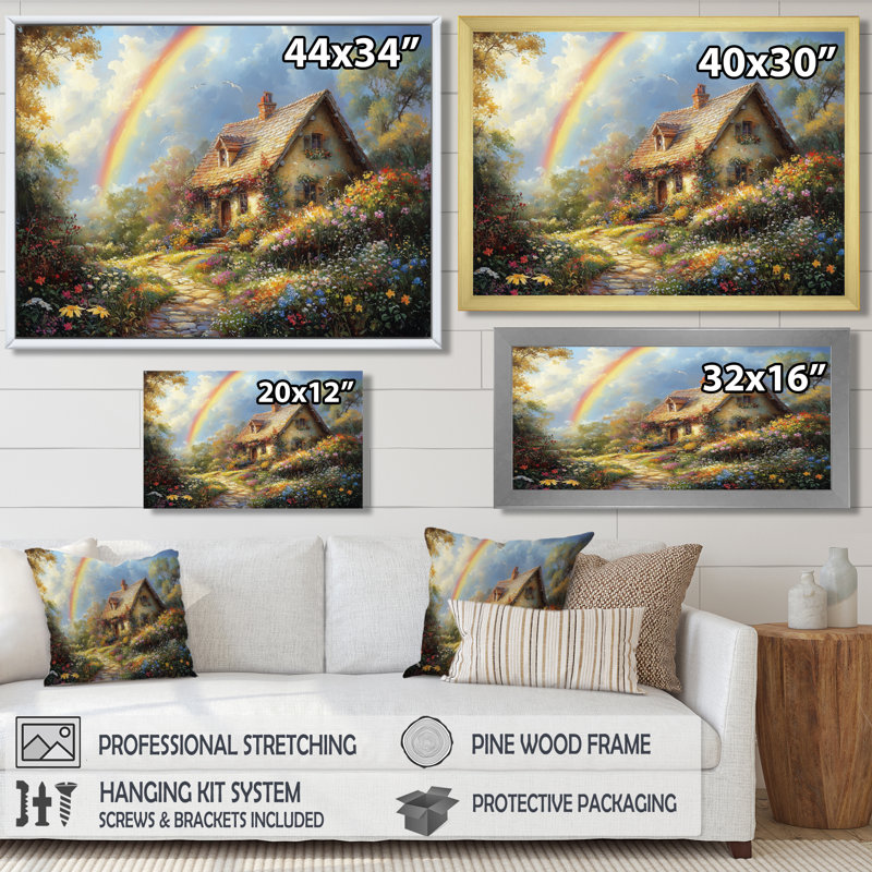 Rainbow Over The Cottage Garden II - art mural arc-en-ciel, H 28 po x l 60 po, Cadre flottant doré