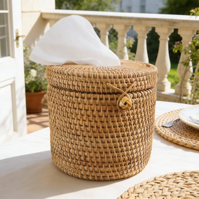 Handmade Rattan Tissue Box Cover With Elastic Loop Closure, Decorative Woven Napkin Dispenser For Bedroom, Dining Room, And Office