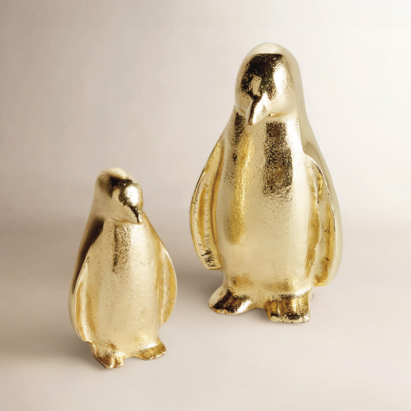 Paire de pingouins en aluminium moulé au sable en or, Or