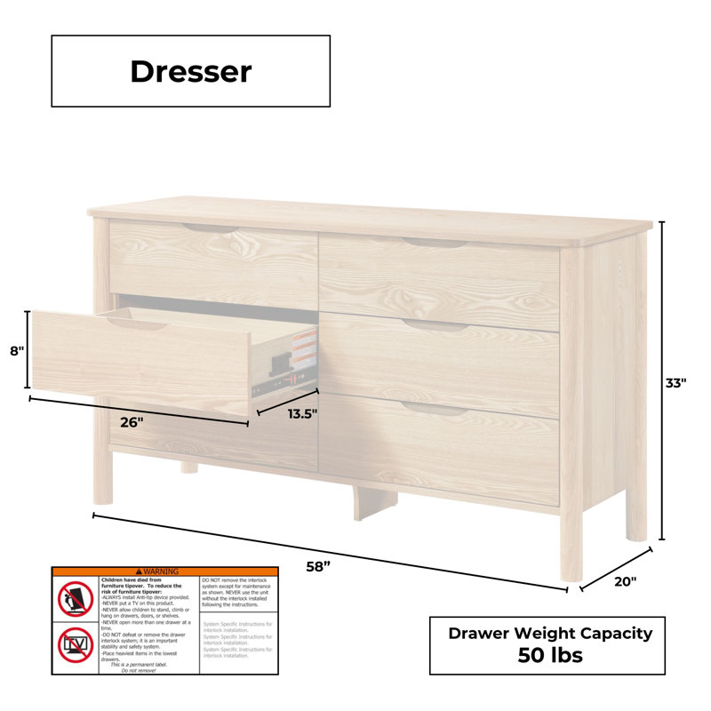 Ardin 6 Drawer Solid Wood Natural Dresser, Natural